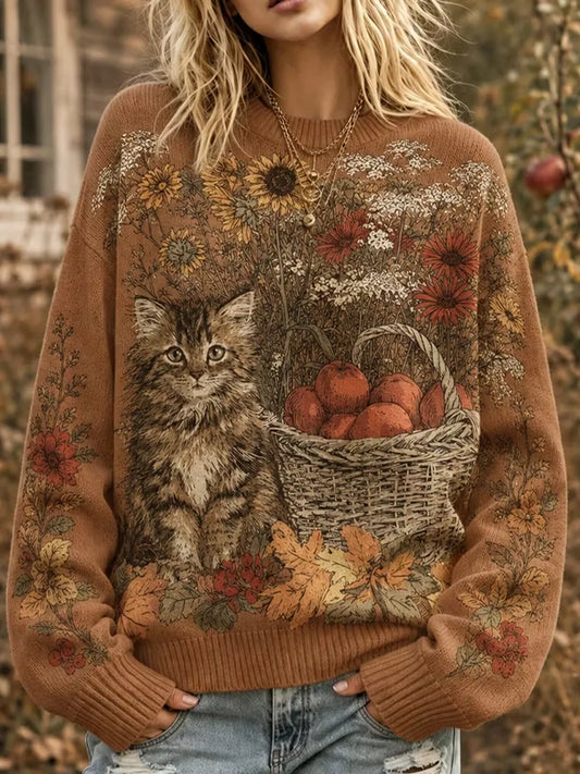 Women's Cute Autumn Cat WIth Floral Print Crew Neck Sweater