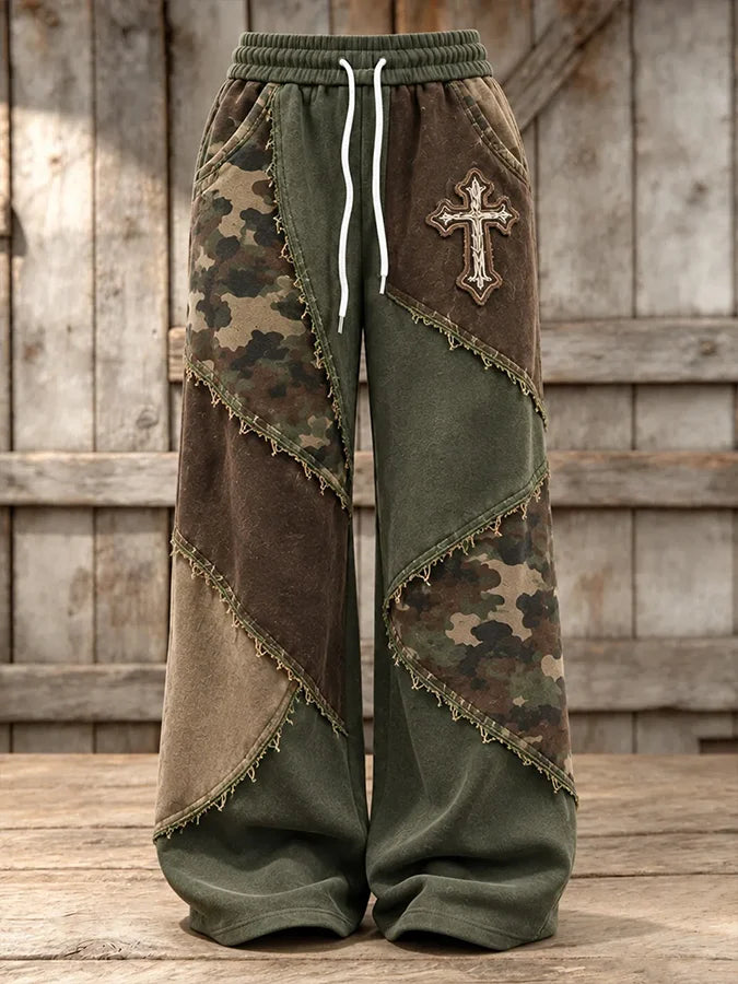 Women's Retro Camouflage Cross Pattern Patchwork Print Casual Sports Pants