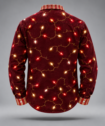 Moisture-Wicking Christmas Lights & Candy Cane Chest Pocket  Long-Sleeve Casual Shirt