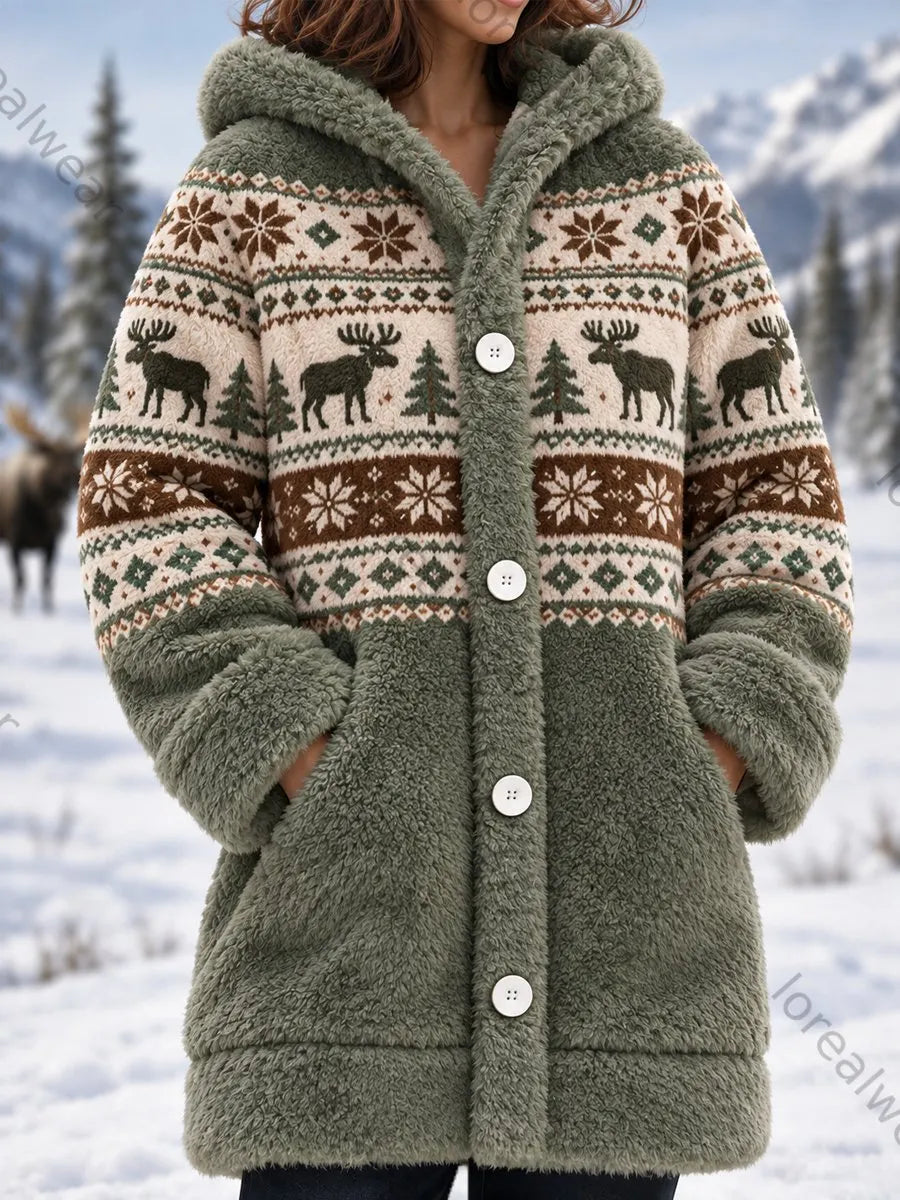 Women's Winter Moose Print Casual Flannel Hooded Coat