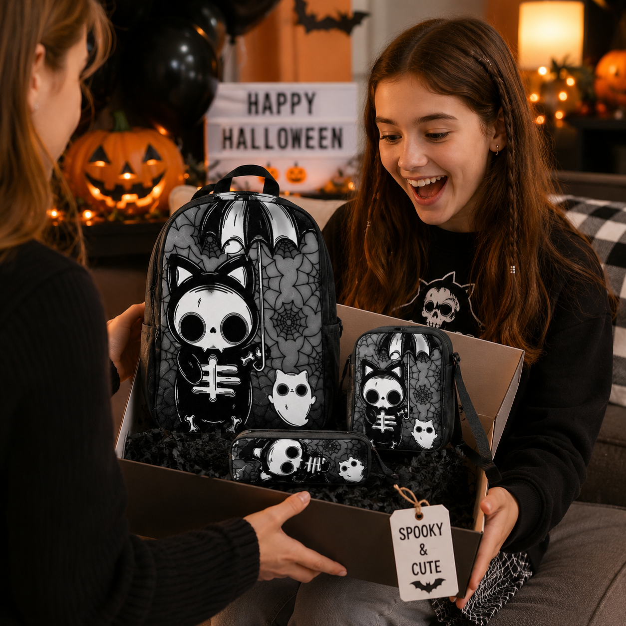 Halloween Gothic Skeleton Cat Backpack Set – 1/2/3PCS Backpack, Crossbody Bag & Pencil Case