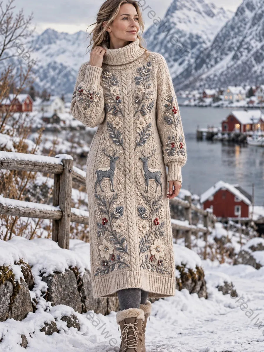 Women's Retro Nordic Moose and Floral Print Artistic High-Neck Dress