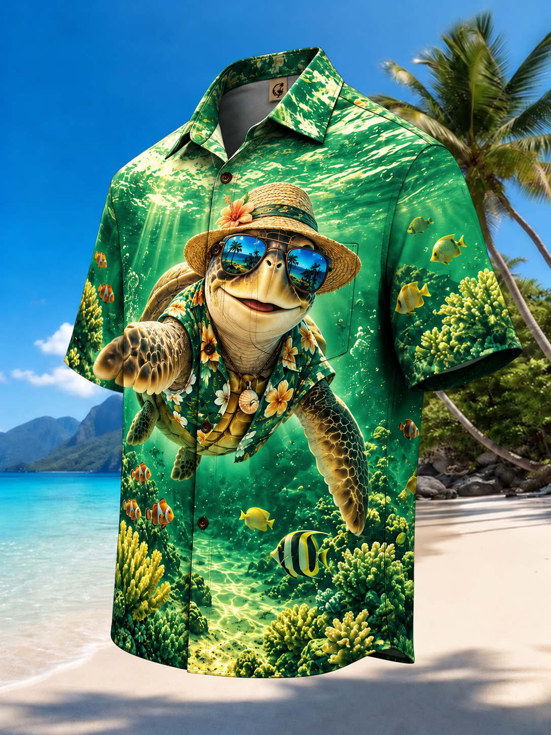 Moisture-Wicking Funny Sea Turtle Straw Hat Sunglasses Underwater Coral Reef Tropical Fish Chest Pocket Hawaiian Shirt