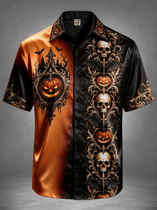 Breathable Silk Satin Gradient Gothic Halloween Skull Pumpkin Bat Holiday Hawaiian Shirt