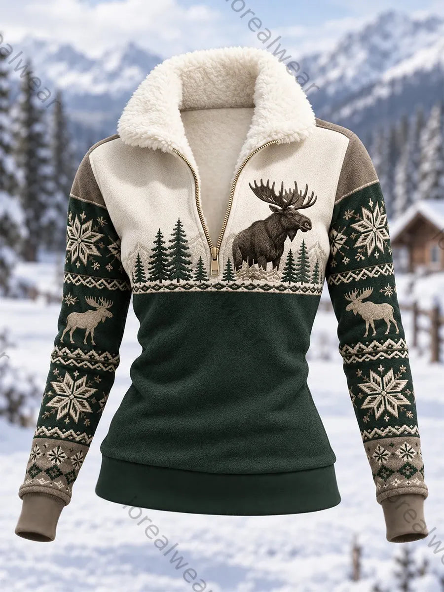 Women's Winter Moose Print Casual Composite Fleece Hoodie