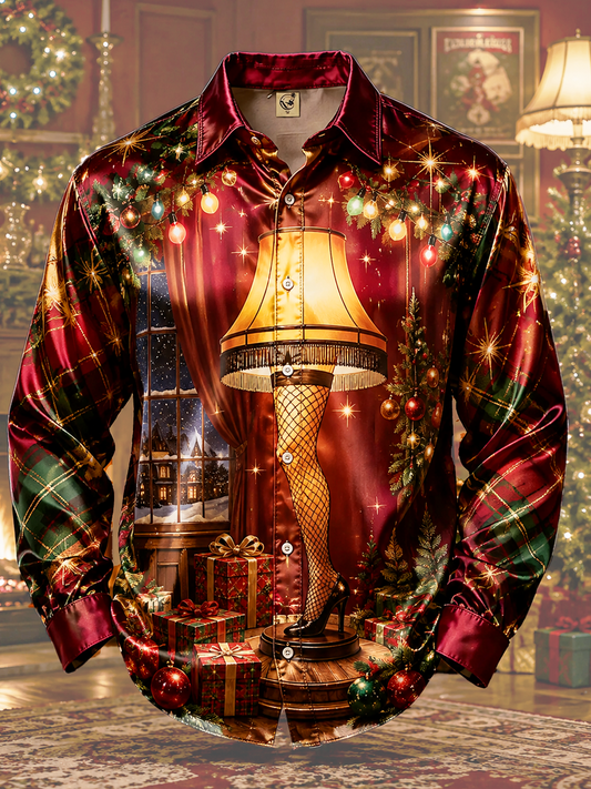 Breathable Silk Satin Christmas-Themed Long-Sleeve Casual Shirt