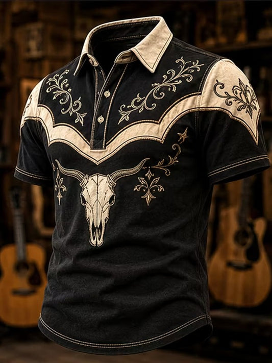 Men's Vintage Western Central Longhorn Skull Ornate Floral Scrollwork Print Polo Shirt