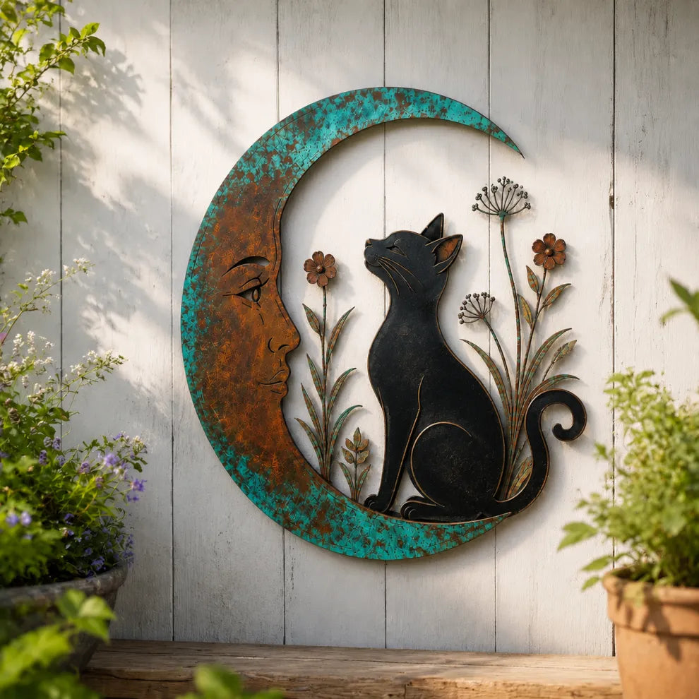 Rustic Moon Garden Metal Wall Art – Dragonfly, Bee, Fairy & Black Cat Outdoor Decor
