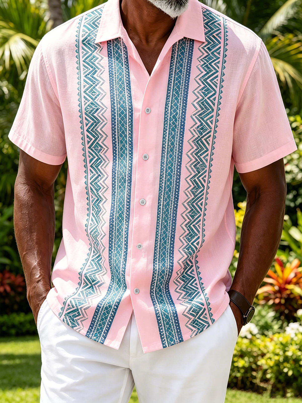Linen-Texture Abstract Striped Chest Pocket Casual Guayabera Shirt