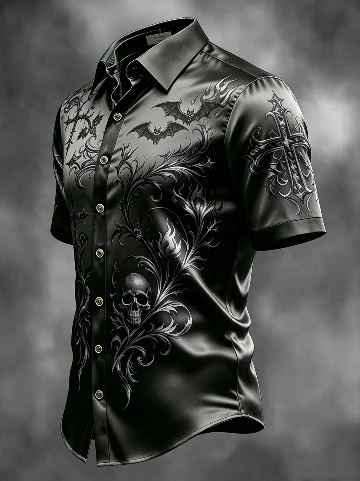 Breathable Silk Satin  Subtle Bat Pattern Halloween Style Casual Shirt