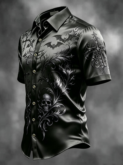 Breathable Silk Satin  Subtle Bat Pattern Halloween Style Casual Shirt