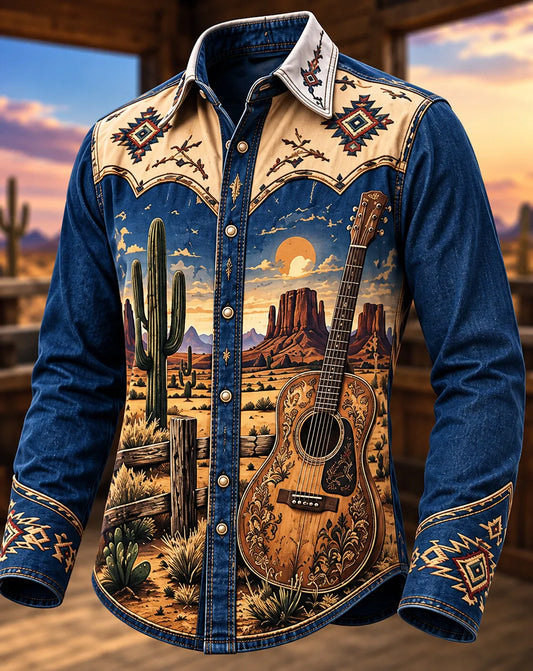 Men's Western Country Music Desert Mesa Guitar Cactus Tribal Geometric Print Long Sleeve Shirt