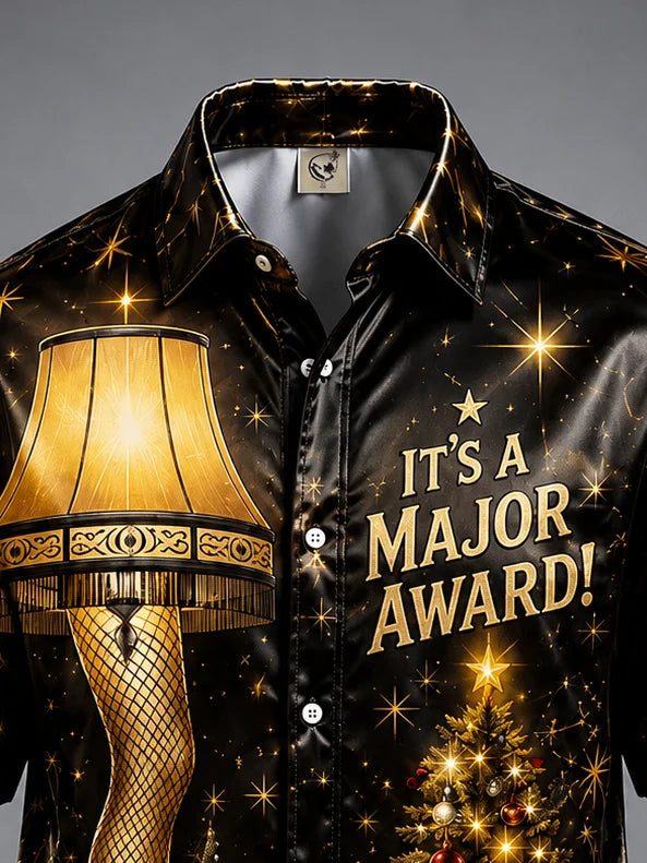 Breathable Silk Satin Christmas Leg Lamp Chest Pocket Hawaiian Shirt