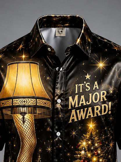Breathable Silk Satin Christmas Leg Lamp Chest Pocket Hawaiian Shirt