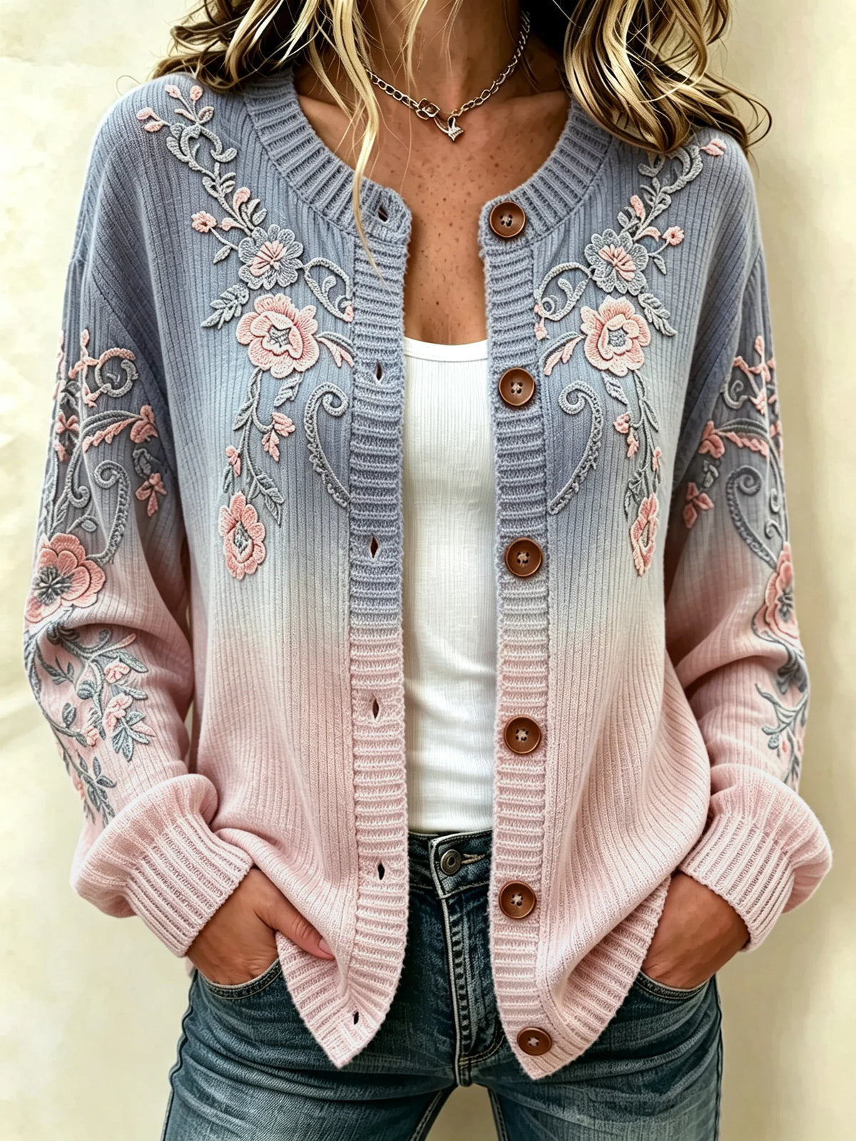 Women's Vintage Floral Print Knit Cardigan
