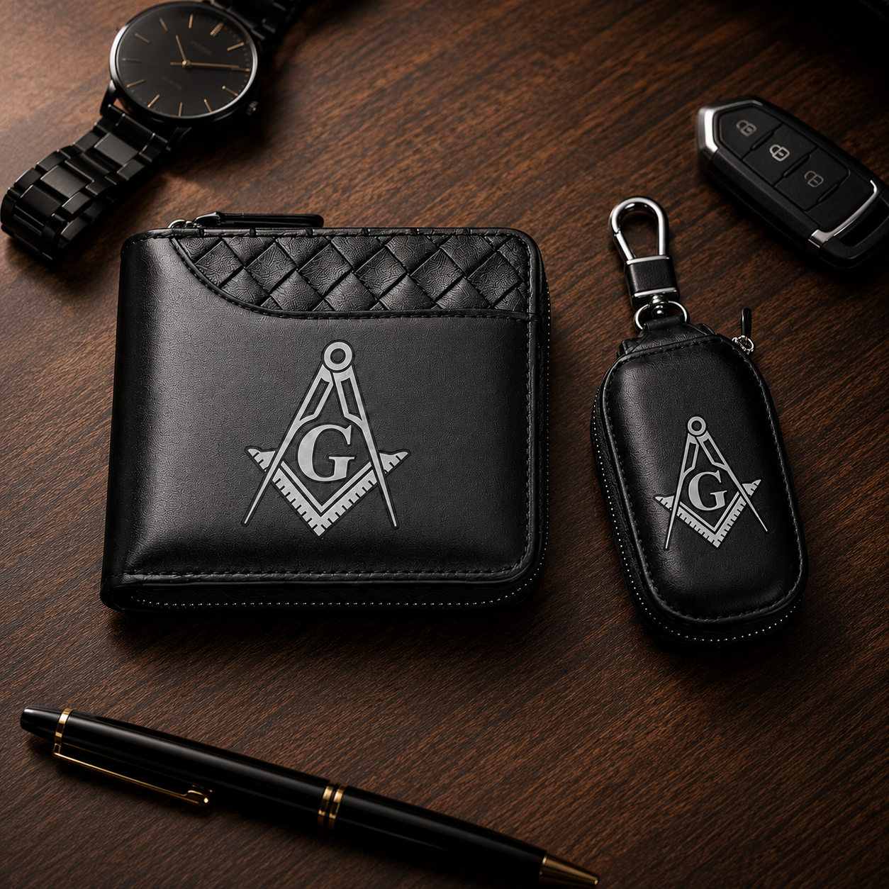 🧭 Masonic Wallet & Key Case Gift Set