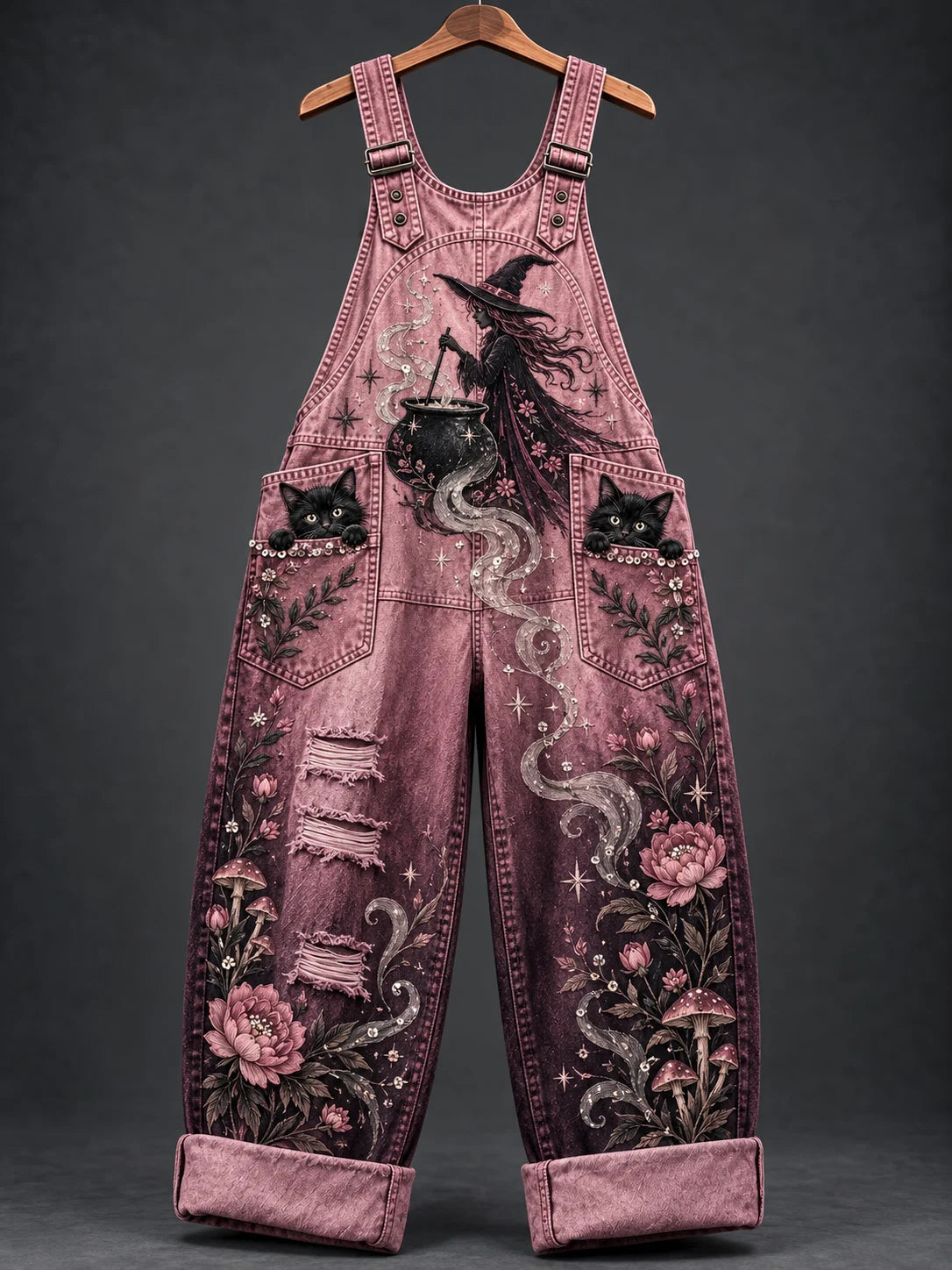 Women's Pink Witch‑Print Overalls