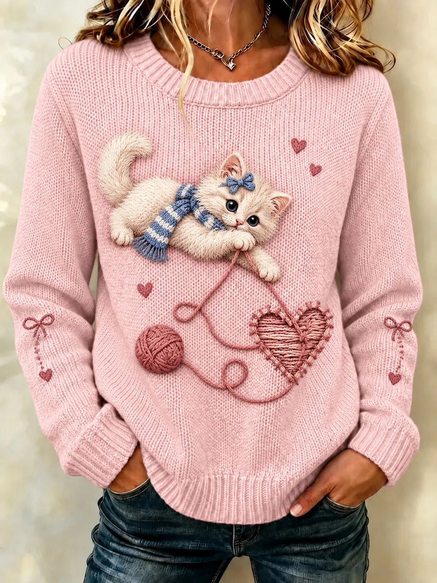 Women's Cute Kitten Yarn Ball Graphic Sweater