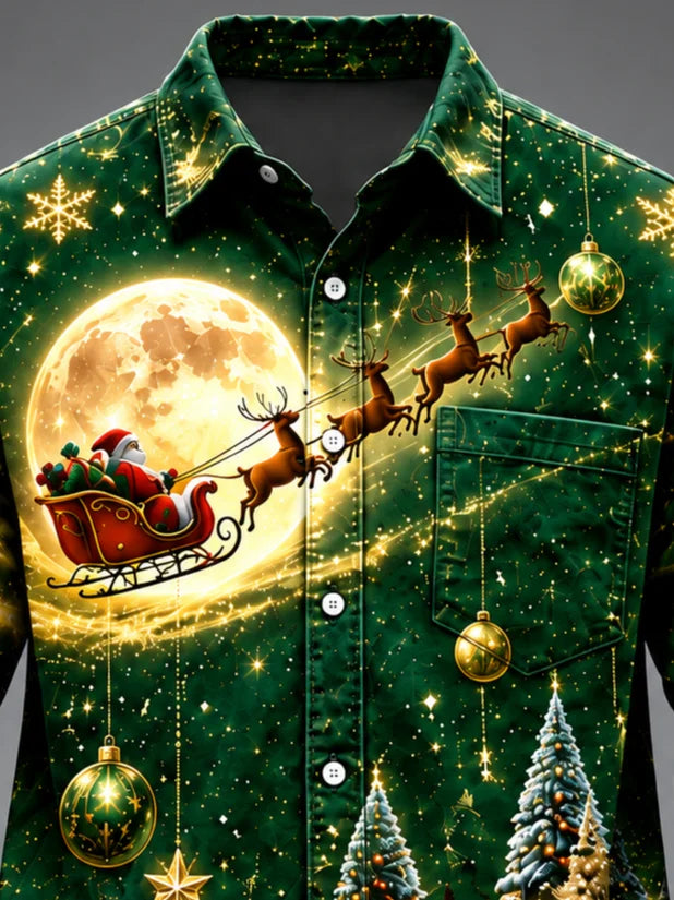 Moisture-Wicking  Christmas Santa Reindeer Tree  Chest Pocket Long-Sleeve Casual Shirt
