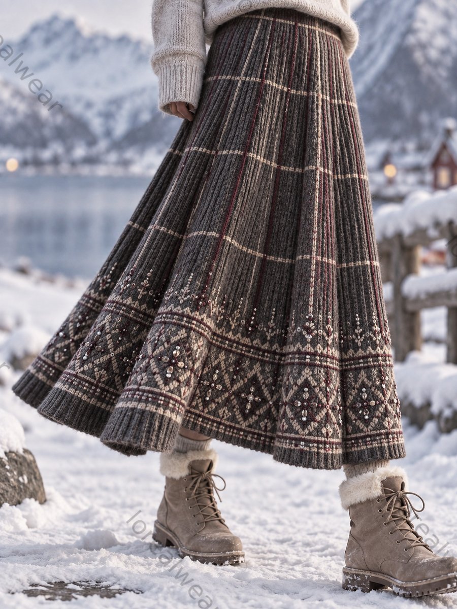 Women's Retro Nordic Checkered Artistic Midi Skirt