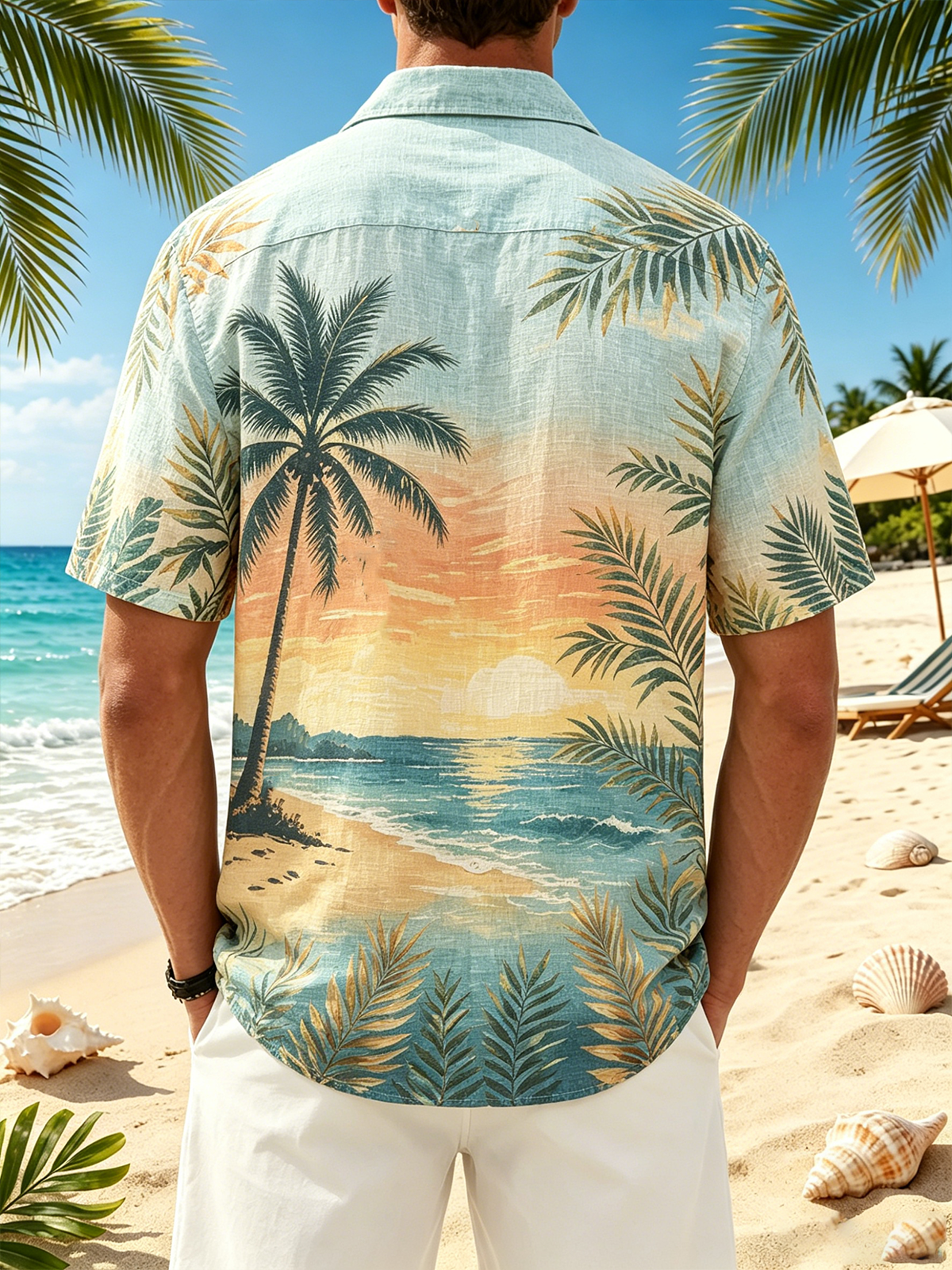 Linen-Texture Tropical Coconut Tree Print Chest Pocket Holiday Hawaiian Shirt