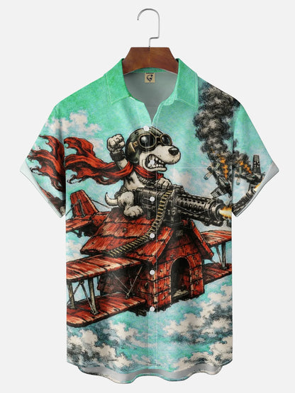 Moisture-Wicking Abstract Airplane & Dog Pattern and Chest Pocket Holiday Hawaiian Shirt