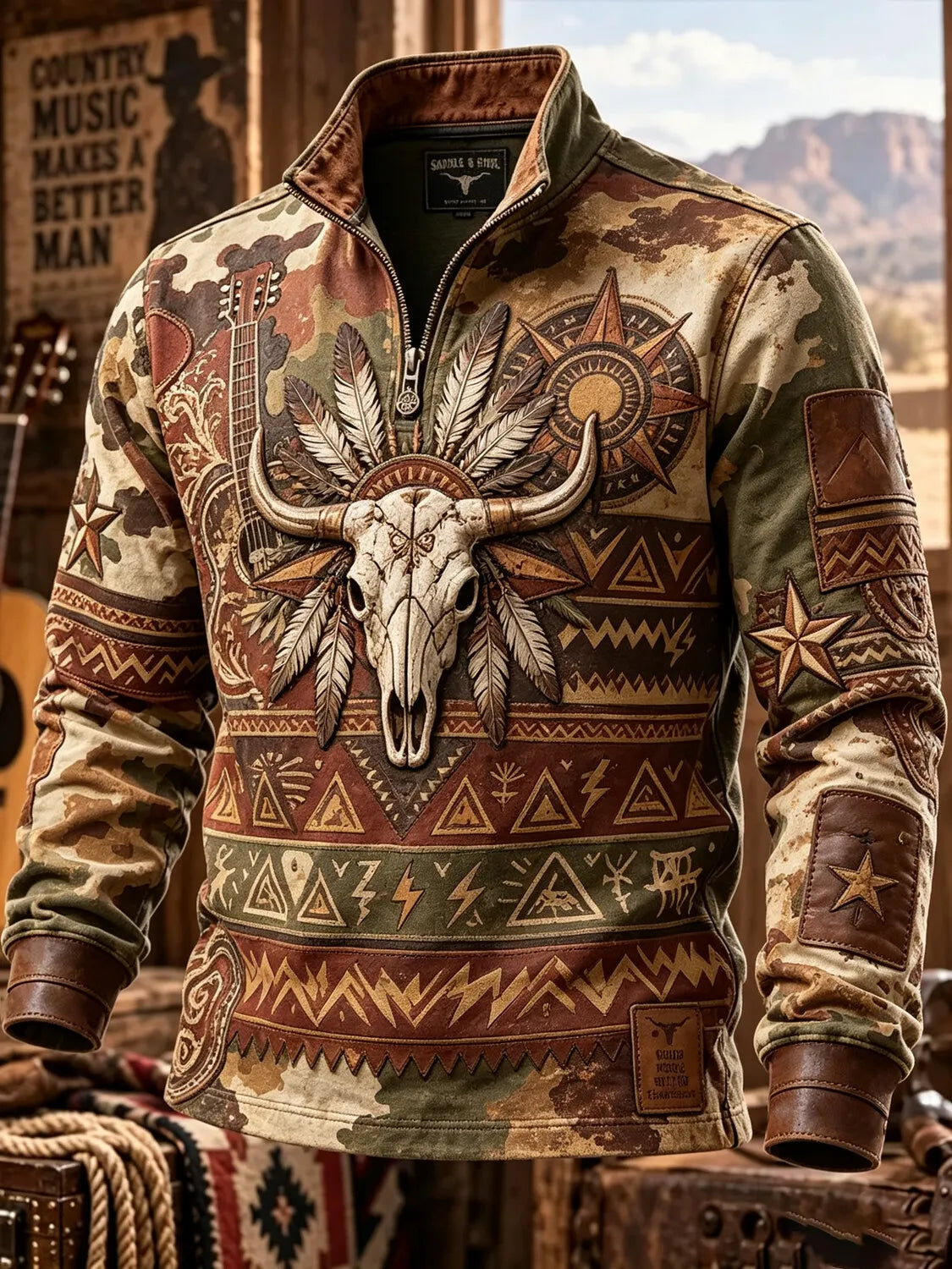 Men's Retro Western Feathered Bull Skull & Tribal Print Quarter Zip Pullover Sweatshirt