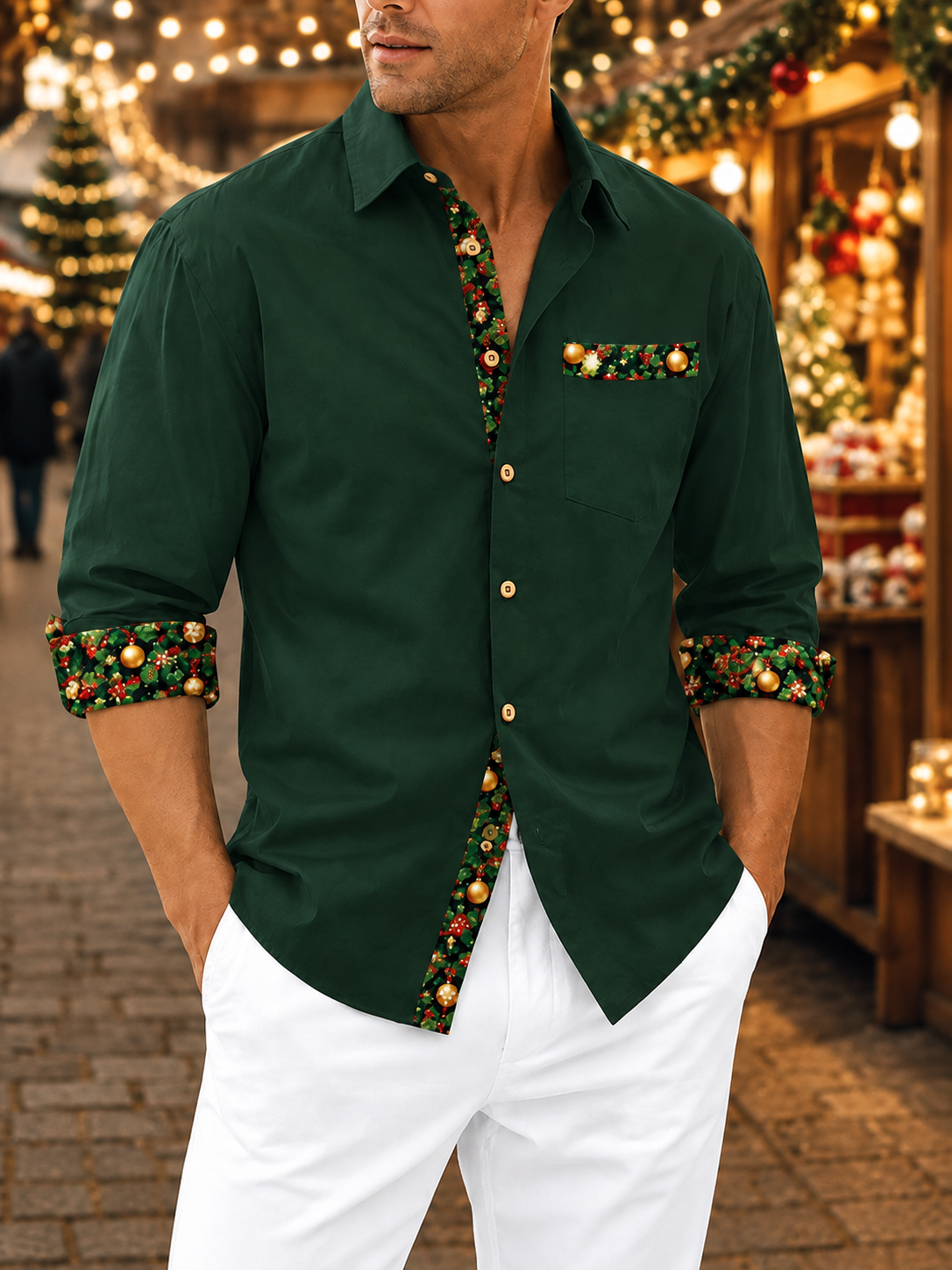 Moisture-Wicking Solid-Color Patchwork Christmas-Themed Chest Pocket Long-Sleeve Casual Shirt