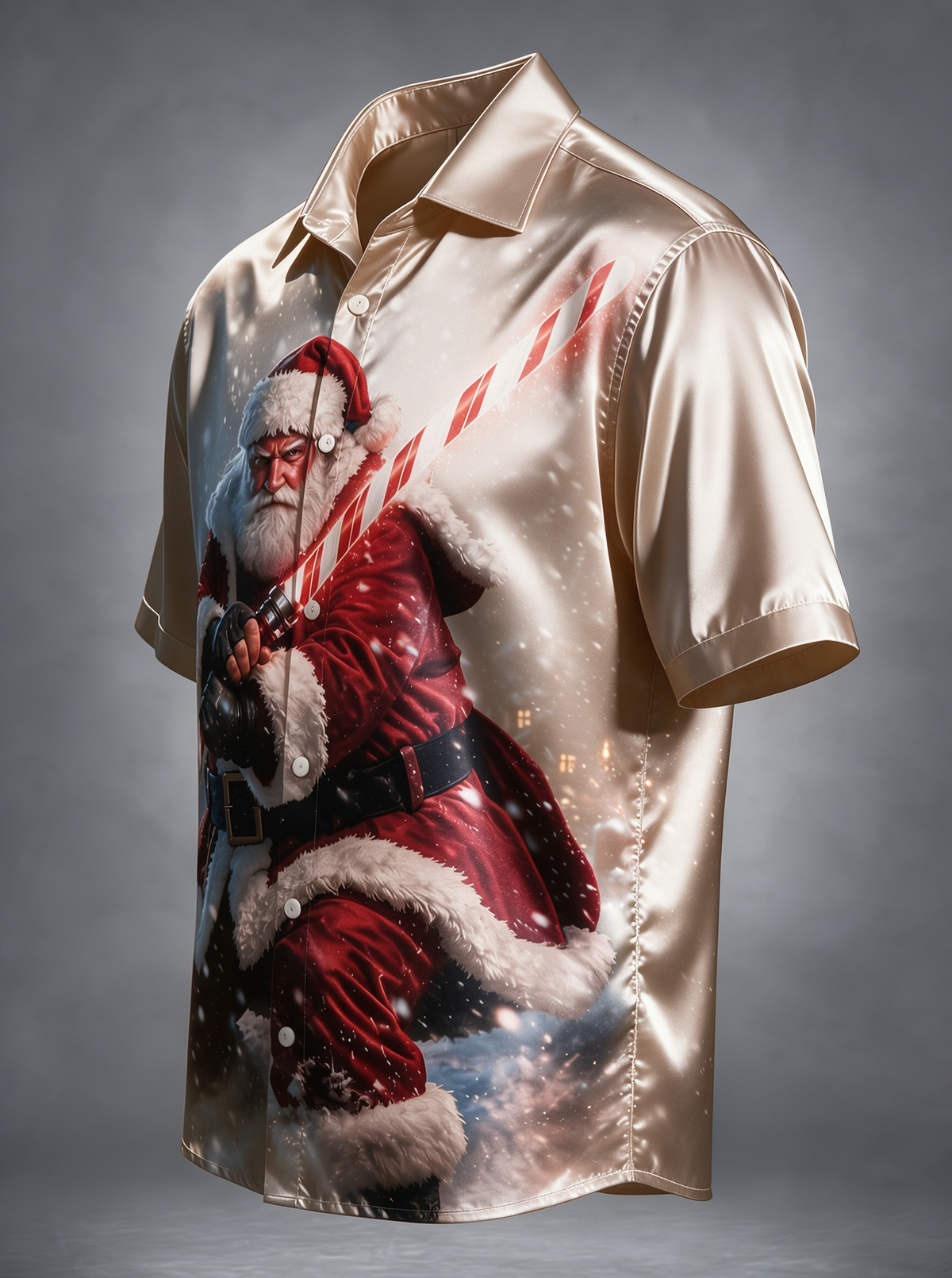 Breathable Silk Satin Christmas Sci‑Fi Warrior Santa Claus Candy Cane Lightsaber Winter Snow Scene Ocket Holiday Hawaiian Shirt