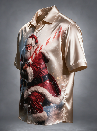 Breathable Silk Satin Christmas Sci‑Fi Warrior Santa Claus Candy Cane Lightsaber Winter Snow Scene Ocket Holiday Hawaiian Shirt