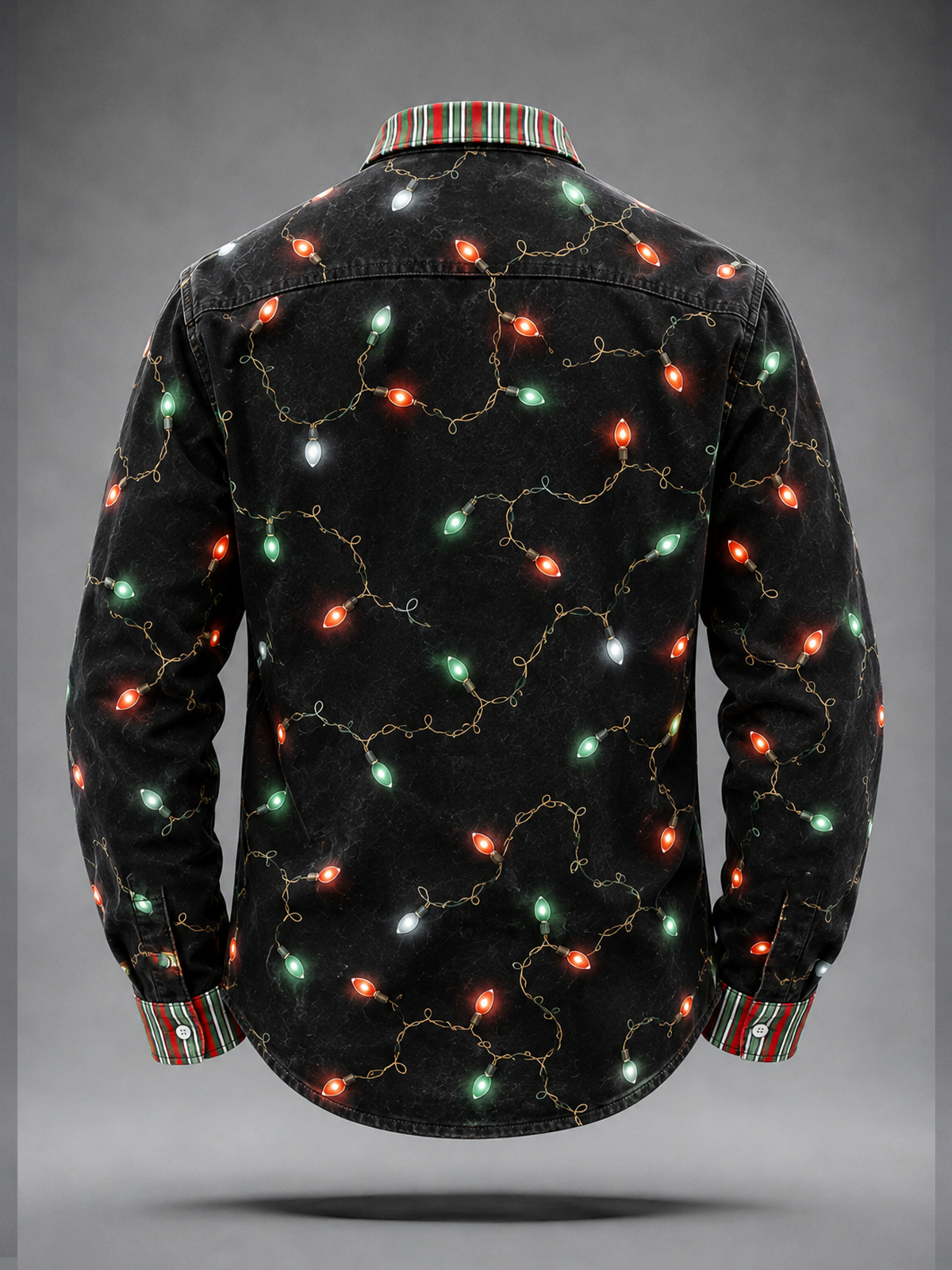 Moisture-Wicking Christmas Lights & Candy Cane Chest Pocket  Long-Sleeve Casual Shirt
