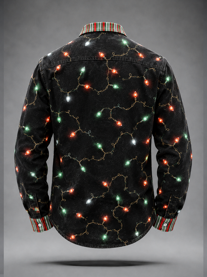 Moisture-Wicking Christmas Lights & Candy Cane Chest Pocket  Long-Sleeve Casual Shirt