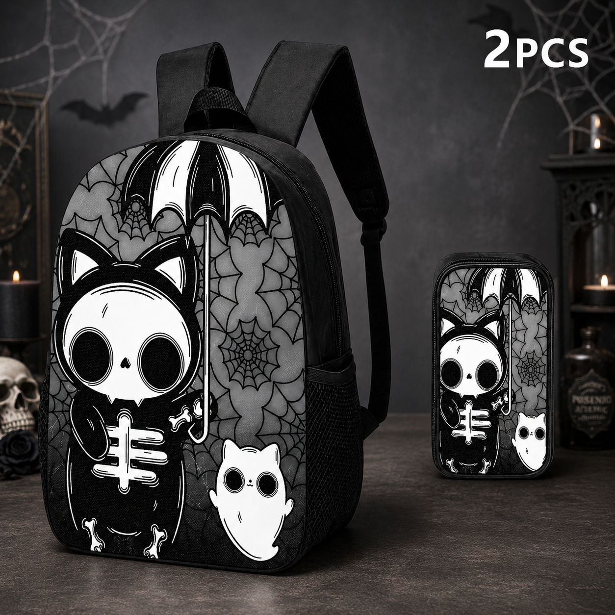 Halloween Gothic Skeleton Cat Backpack Set – 1/2/3PCS Backpack, Crossbody Bag & Pencil Case