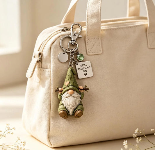 Custom Gnome Keychain - Personalized Encouragement Gift With Birthstone Options - Still Hanging On