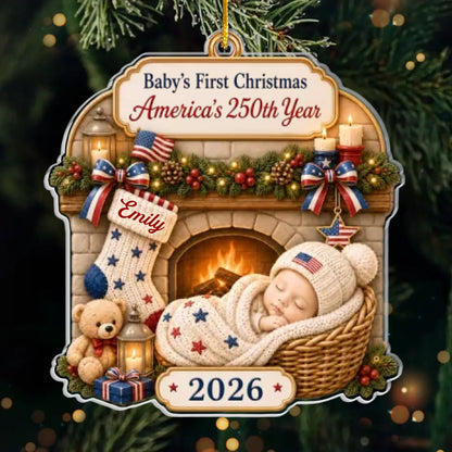 Custom First Christmas Acrylic Ornament - Personalized America 250th Anniversary Christmas Gifts For New Moms, New Dads, New Parents - Tiny Star Big History
