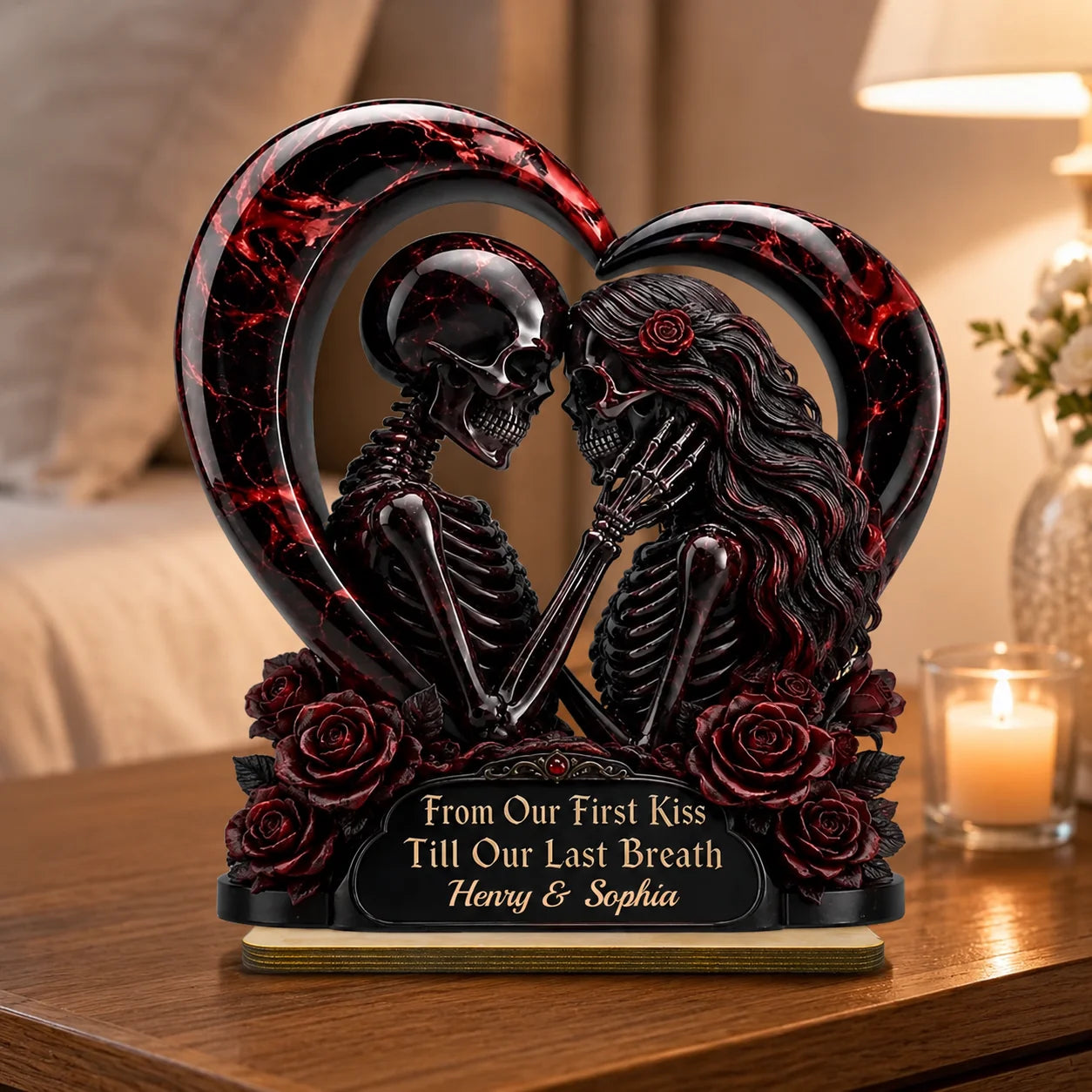 Custom Gothic Skeleton Wooden Plaque - Personalized Halloween Decor, Anniversary Wedding Gifts For Husband And Wife, Him And Her - Unconditional Dark Love