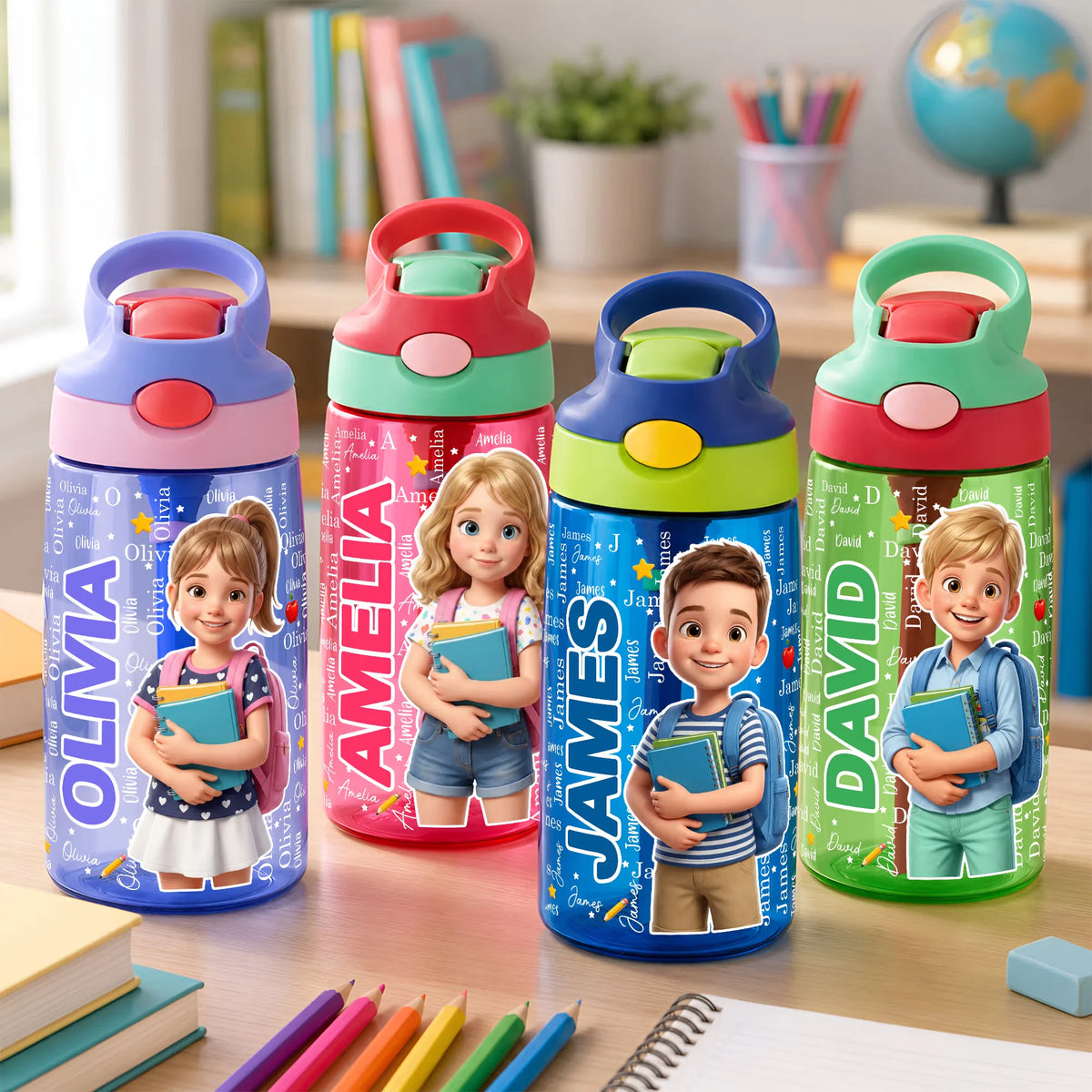 Custom Cartoon Water Bottle - Personalized Photo & Name Gifts For Kids - Made Just Like Them