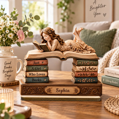 Custom Bookworm Wooden Plaque - Personalized Girl Reader Desk Decor - A Dreamy Reading Moment Framed By Stacked Books