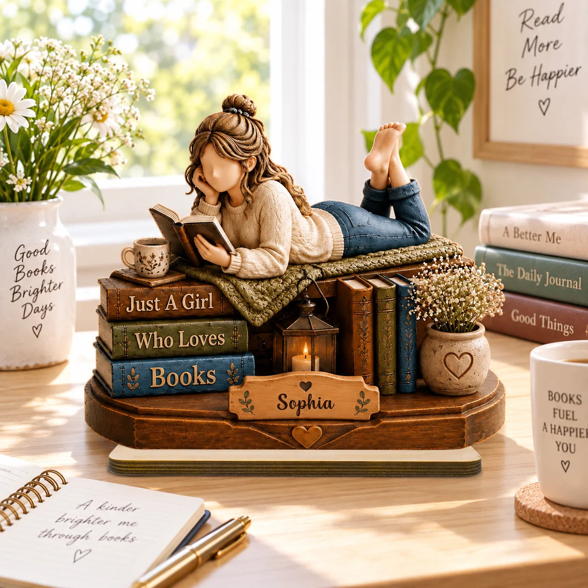 Custom Book Lover Wooden Plaque - Personalized Girl Who Loves Books Gift - Wrapped In Stories Beside Lantern Glow