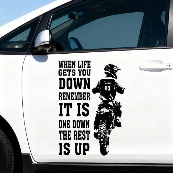 Custom Dirt Bike Car Sticker - Personalized Name & Number Decal - One Down, The Rest Is Up