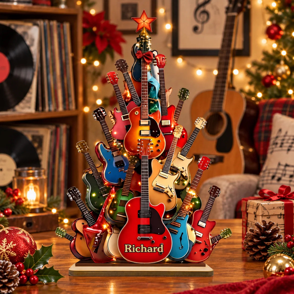 Custom Guitar Tree Wooden Plaque - Personalized Name Keepsake For Guitar Players - Rock Around The Holidays