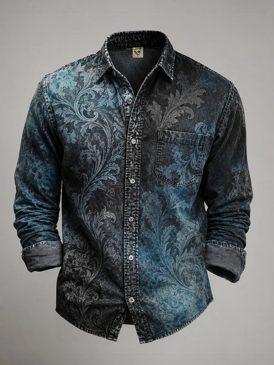 Moisture-wicking Retro Botanical Leaf Floral Chest Pocket Casual Long-Sleeve Shirt