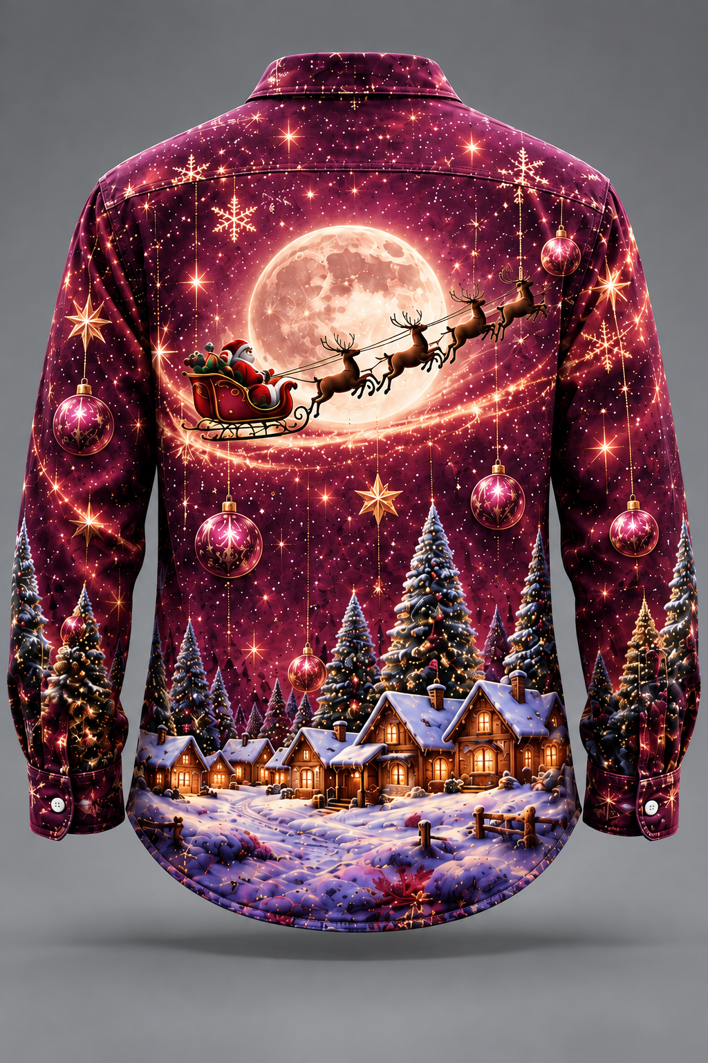 Moisture-Wicking  Christmas Santa Reindeer Tree  Chest Pocket Long-Sleeve Casual Shirt
