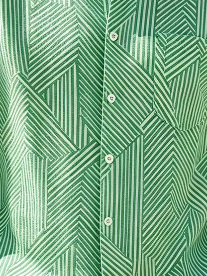 Linen-Texture Geometric Stripe Chest Pocket Holiday Hawaiian Shirt