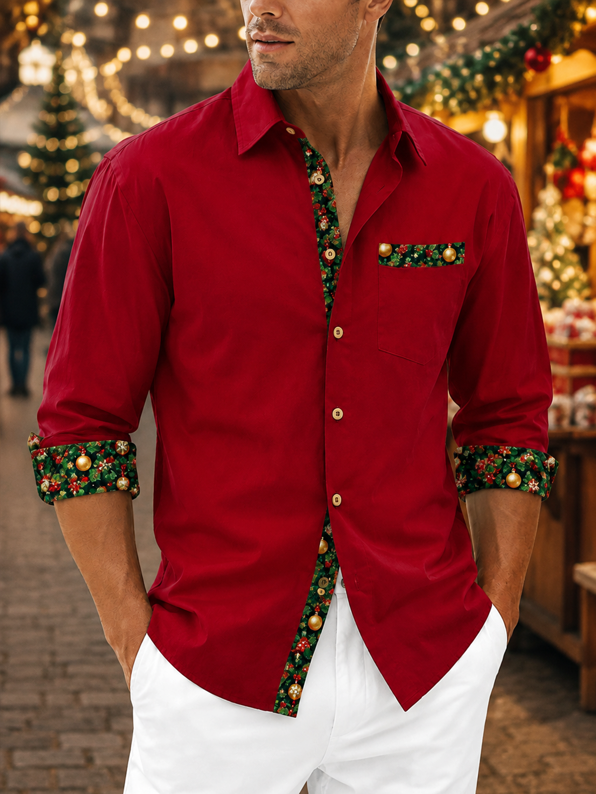 Moisture-Wicking Solid-Color Patchwork Christmas-Themed Chest Pocket Long-Sleeve Casual Shirt