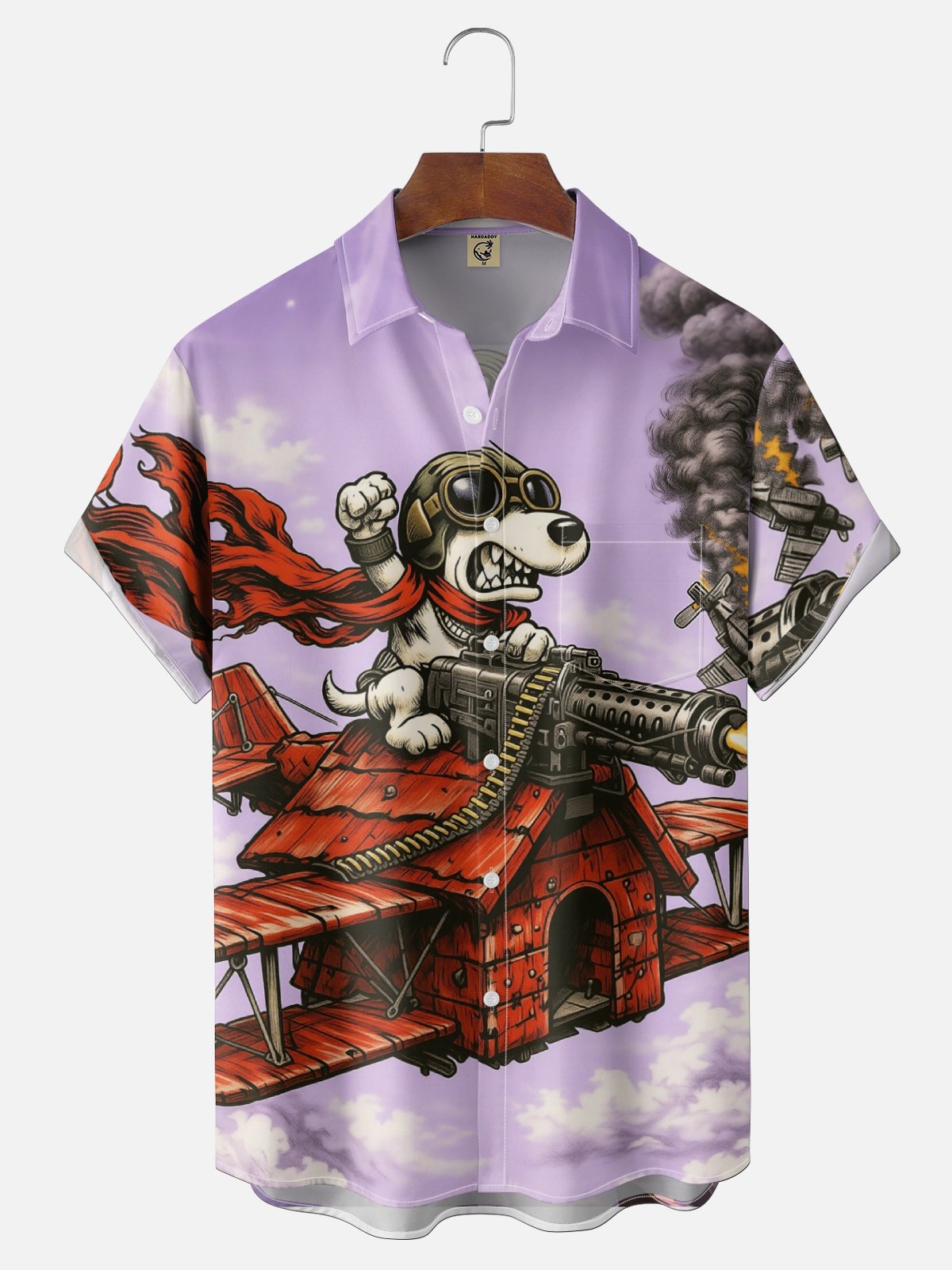 Moisture-Wicking Abstract Airplane & Dog Pattern and Chest Pocket Holiday Hawaiian Shirt