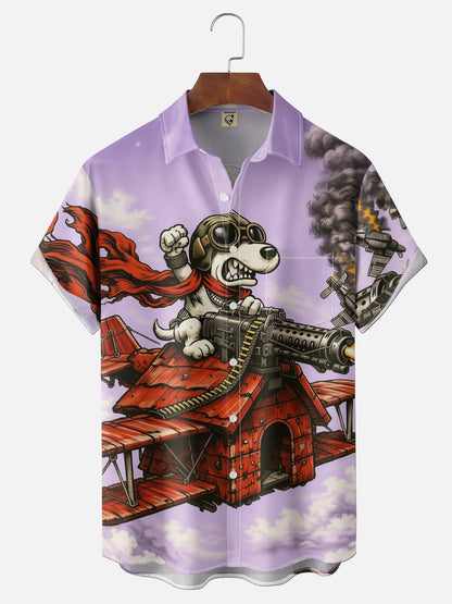 Moisture-Wicking Abstract Airplane & Dog Pattern and Chest Pocket Holiday Hawaiian Shirt