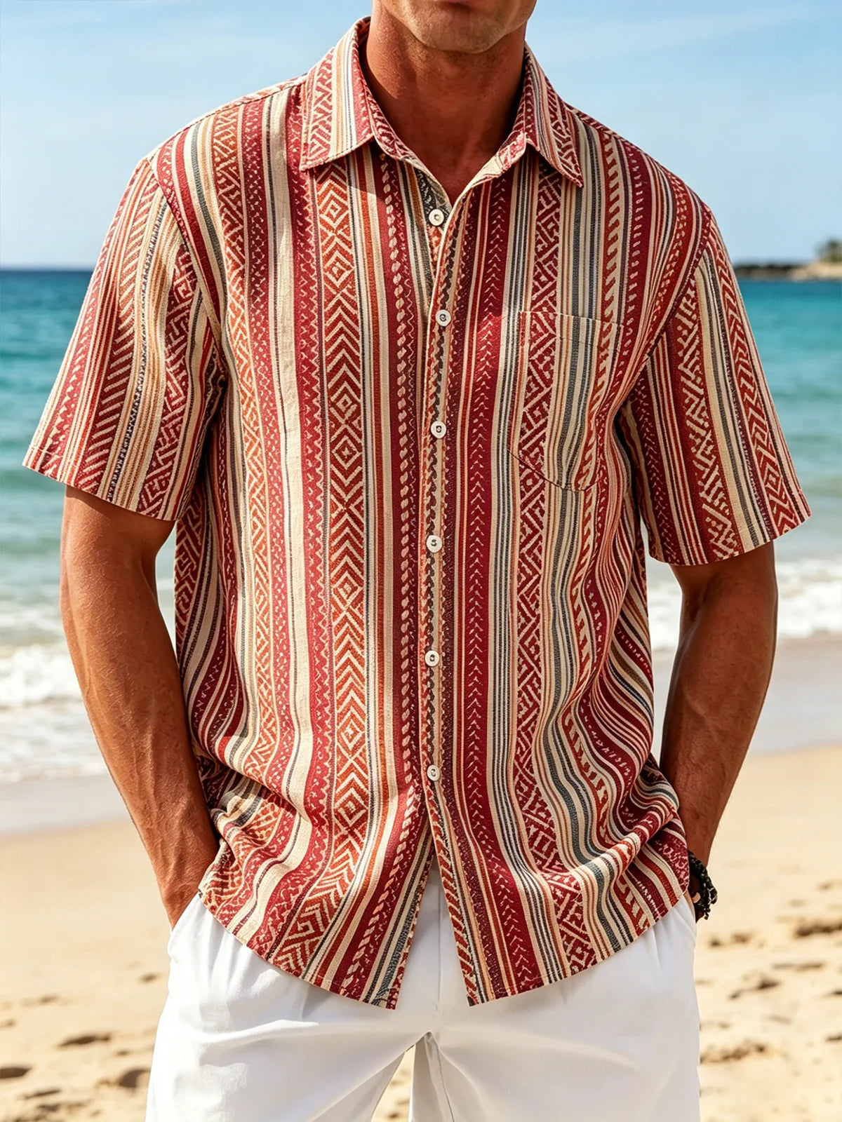Linen-Texture Geometric Stripe  Chest Pocket Holiday Hawaiian Shirt