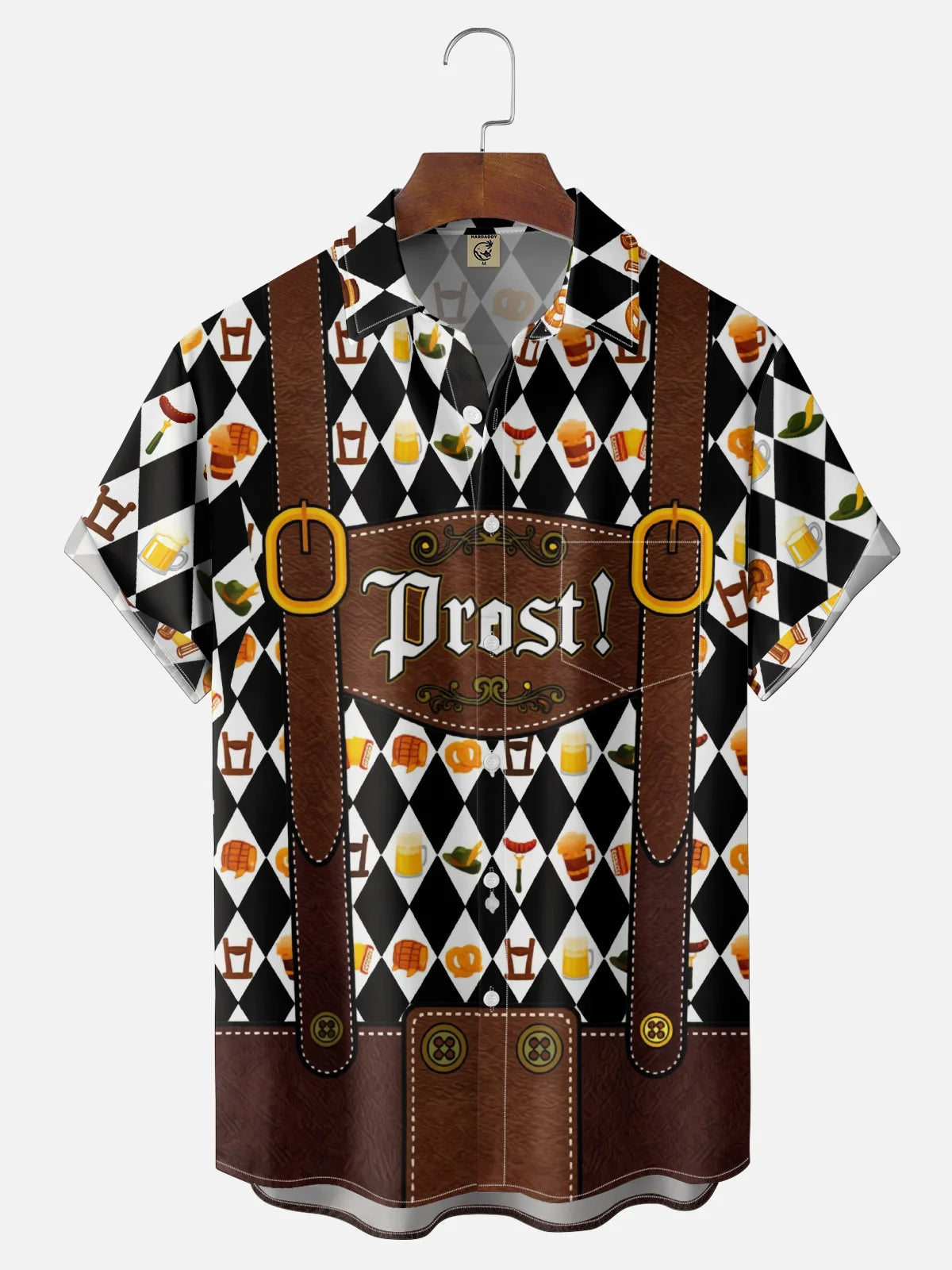 Moisture-Wicking Gradient Oktoberfest Bartender Beer & Pretzel Print  Chest Pocket Hawaiian Shirt