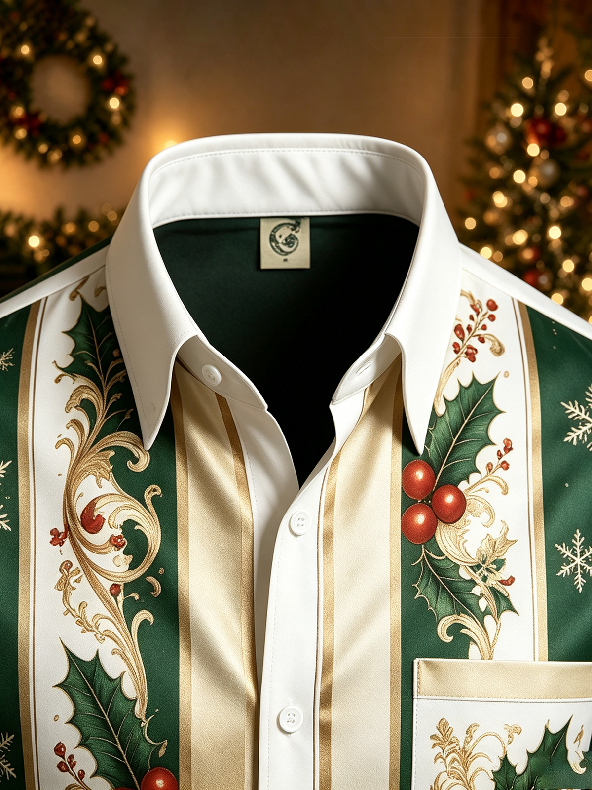 Moisture-Wicking Christmas-Themed Striped Trim and Chest Pocket  Long-Sleeve Casual Shirt